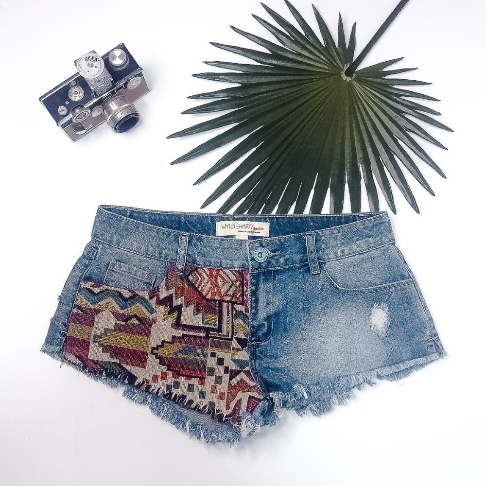 Wyld Hart Denim Embroidered Jean Short Shorts